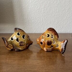 VINTAGE Mid Century Modern Ceramic Fish Tealight Candle Holder Set Of 2
